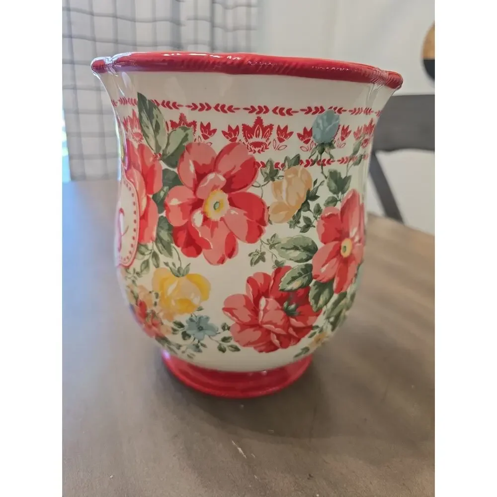 Pioneer Woman Red & White Utensil Holder Floral Stoneware Farmhouse Kitchen
